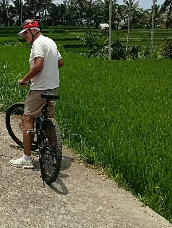 Guest with his bike beside a green rice field